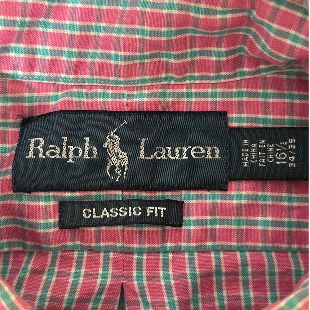 Ralph Lauren Button Up Shirt Men Pink Green Plaid Classic Fit Coastal 16.5 34/35 - Picture 5 of 6